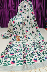 Off White Tantuja Saree, Cotton Silk, Floral Jamdani - Saree - Aakritee - S10624